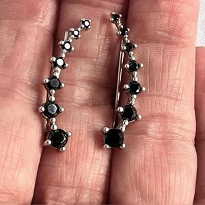 925 Sterling Silver Climber Pierced Earrings Black Faceted Semi Precious Stones